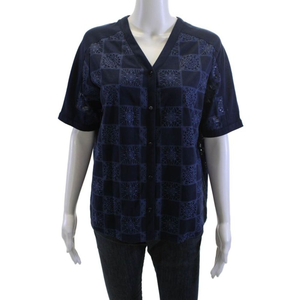 Leo & Ugo Women Dark Blue V-Neck Short Sleeve Geometric Viscose Top Size S